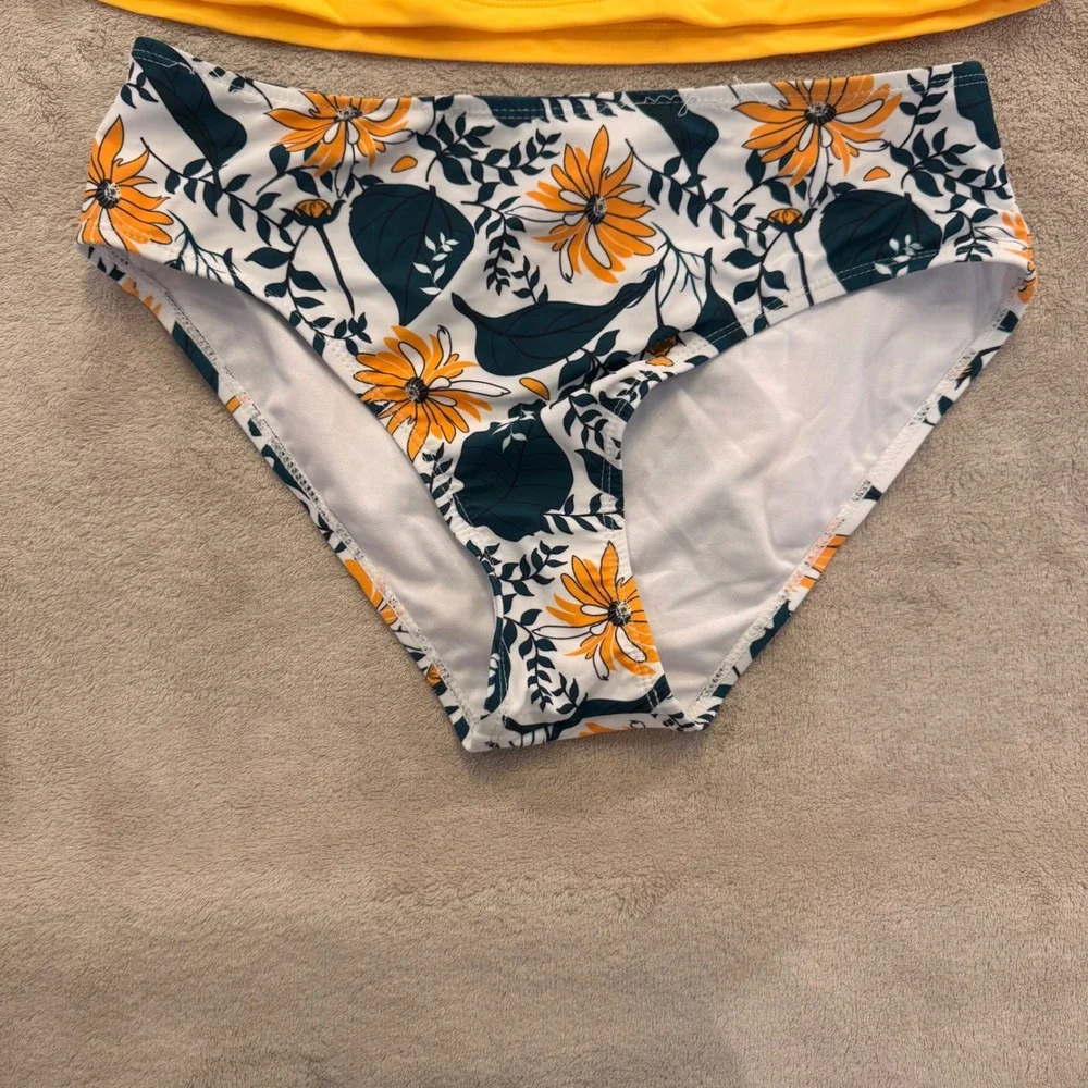 NWT Yonique Yellow‎ Ruched Halter Tankini High Waist Floral Bikini Swimsuit Sz M